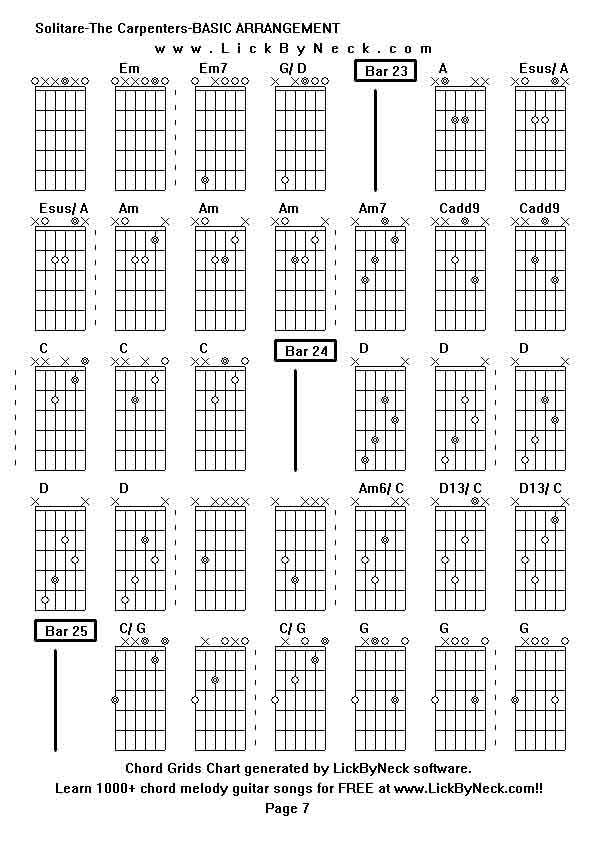 Chord Grids Chart of chord melody fingerstyle guitar song-Solitare-The Carpenters-BASIC ARRANGEMENT,generated by LickByNeck software.